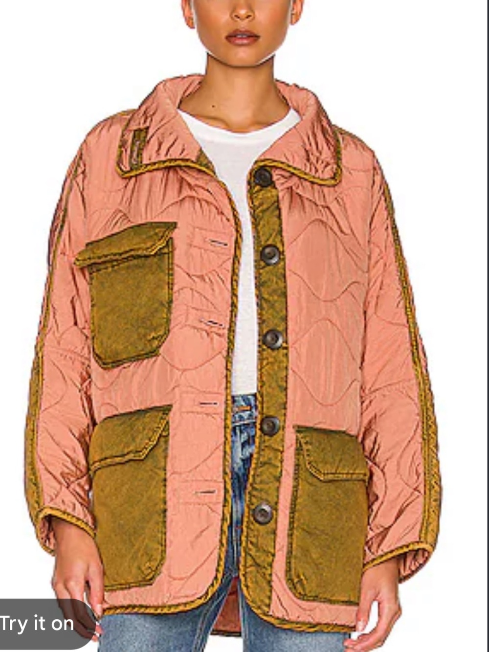Free People Rose and Olive Mixed-Media Utility Jacket FP PUFFA